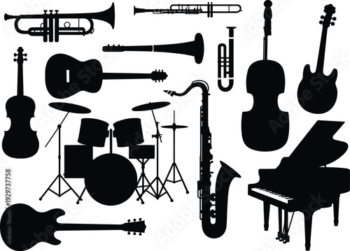Musical instrument silhouettes, orchestra icons, jazz band elements, classical music symbols, rock guitar shapes, piano drum saxophone vector art