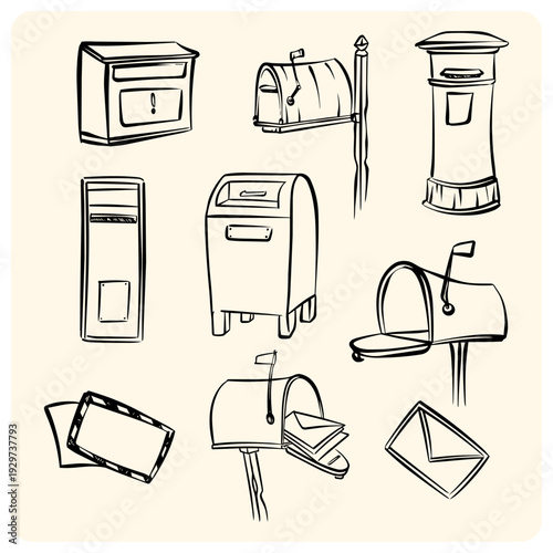 Vintage Mailbox and Letter Doodles Set for Correspondence Design