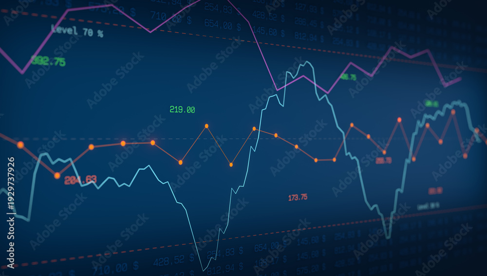 Fototapeta premium Blue screen with stock market chart, graphics, financial data and a range from 70% to 30%. Investment strategy, financial advisor, exchange, financial market, volatility, risk analysis.