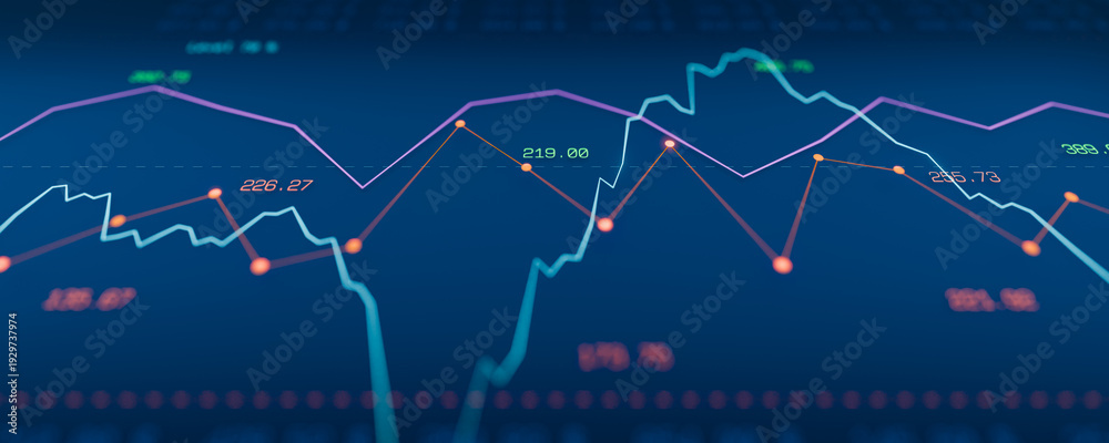 Obraz premium Blue screen with stock market chart, graphics, financial data and a range from 70% to 30%. Investment strategy, financial advisor, exchange, financial market, volatility, risk analysis.
