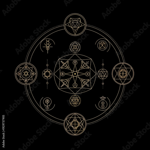 Intricate Golden Sacred Geometry Symbols and Mystical Ornaments.