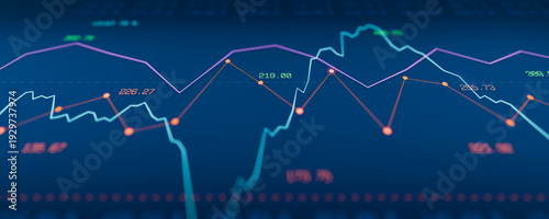 Blue screen with stock market chart, graphics, financial data and a range from 70% to 30%. Investment strategy, financial advisor, exchange, financial market, volatility, risk analysis.