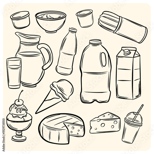 Dairy products and milk based food doodle set