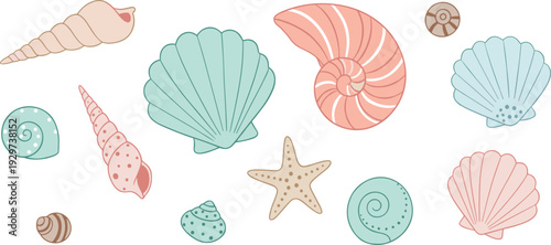 Pastel Seashell and Starfish Vector Collection with Scallops, Nautilus, and Conches for Summer Beach Wedding Invitations, Coastal Decor, and Marine Life Designs