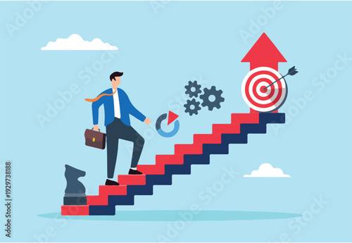 Flat illustration of businessman walks up strategy stairs developing plan for business improvement.