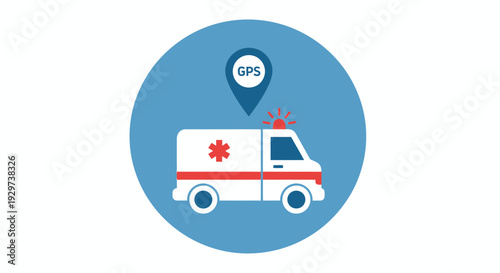 Ambulance vehicle with GPS pin icon, emergency medical transport location concept