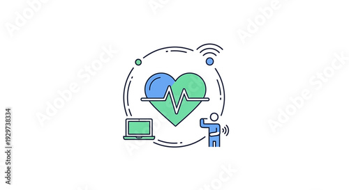 Digital health monitoring icon concept with heart, laptop, and wifi