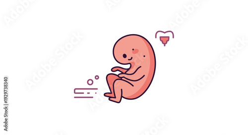 Cute cartoon embryo with DNA strand and medical icon on white background