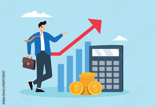 Flat illustration of businessman calculate revenue growth with calculator evaluating profit using chart financial analysis investment earning tax accounting