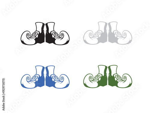 Vibrant green elf boots set with shiny gold buckles on white background.