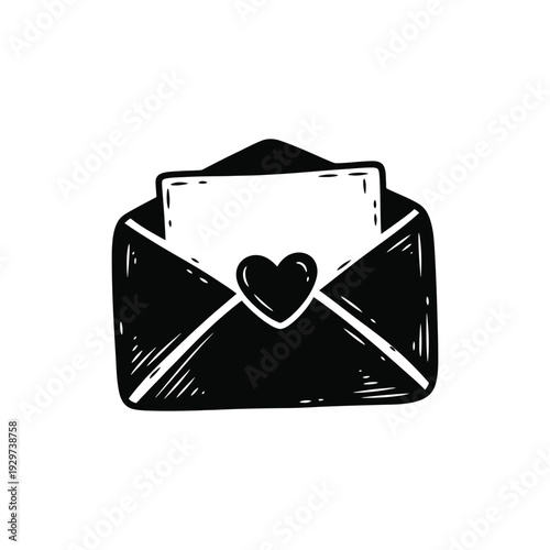 Open envelope with love letter and heart hand-drawn doodle sketch isolated on white