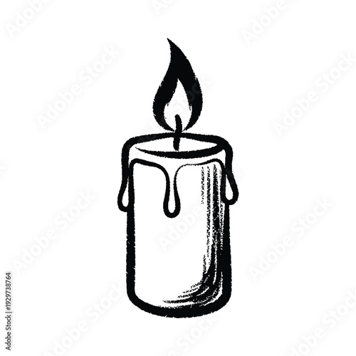 Burning candle with flame and dripping wax hand-drawn sketch illustration isolated on white