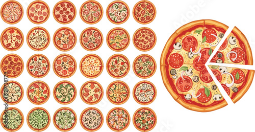 Italian Pizza Collection with Various Toppings and Sliced Whole Pie Food Vector Illustration Set