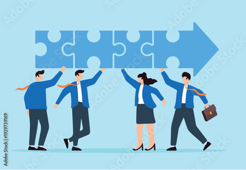  Flat illustration of business people connect arrow piece jigsaw puzzle teamwork for career growth.