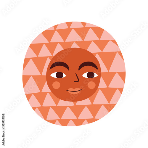 Sun face children colorful doodle illustration. Spring or summer solar symbol, 70s 60s cartoon retro character. Fashionable modern vintage bright picture for decoration, nursery, book cover, postcards