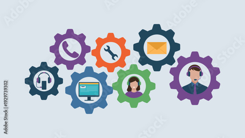 integrated customer support and operational excellence concept, service icons depicted within interlocking gears, vector illustration set for business and management projects.
