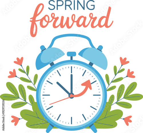Daylight Saving Time concept. The clocks moves forward one hour. Floral landscape with text Spring Forward,