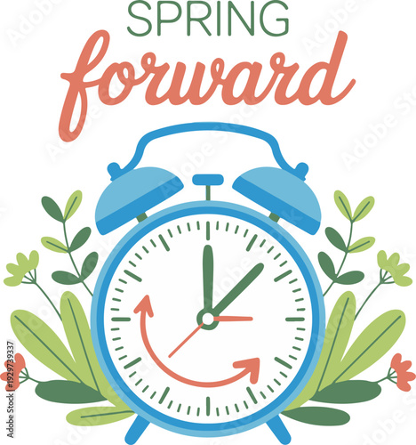 Daylight saving time starts announcement with clock showing one hour jump ahead