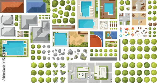 Top View City Map Elements Vector Set, Landscape Design Assets 