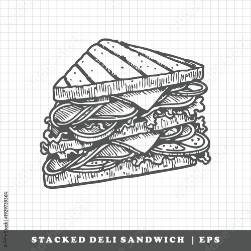 Stacked Deli Sandwich Hand Drawn Vintage Line Art Fast Food Vector