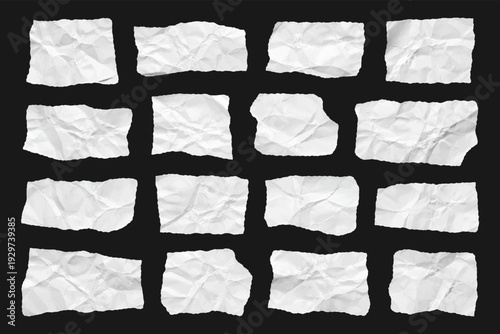 Crumpled white paper scrap set. Ripped torn wrinkled paper piece texture collection	
