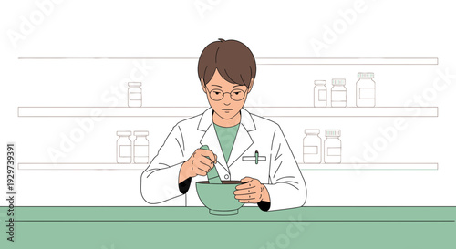 Pharmacist preparing medication in mortar and pestle at pharmacy
