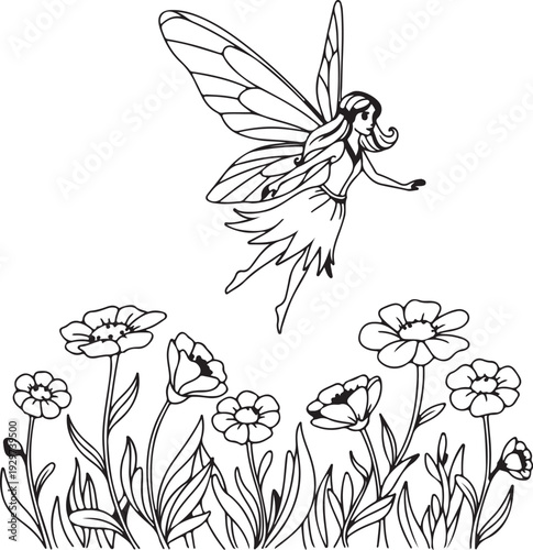 Black and white illustration of a fairy flying above a field of flowers in a whimsical garden setting outdoors