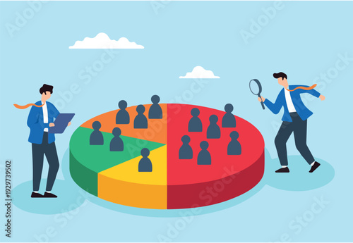 Flat illustration of business people analyzing demographic data on pie chart for customer segmentation market targeting and advertising strategy.