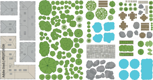 Top View Map Elements Vector Set – Buildings, Trees, Rocks, Water and Landscape Design Assets