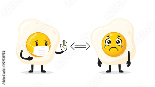 Two fried egg characters are shown practicing social distancing with one wearing a medical mask and the other looking sad and lonely.