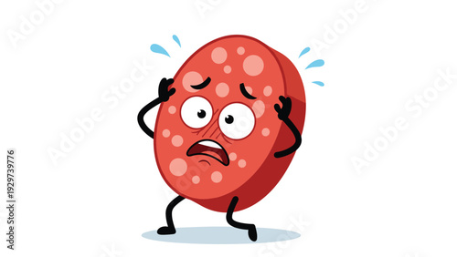 Worried slice of salami character with a nervous facial expression is depicted with beads of sweat and hands on its head in a cartoon style.