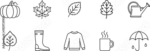 A collection of autumn icons including leaves, pumpkin, and rain gear