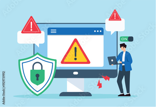 Flat illustration of security expert activating antivirus software on computer with malware blocked warning.