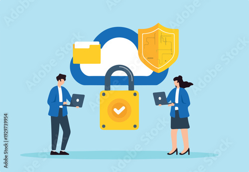  Flat illustration of two people configuring secure cloud storage to ensure data integrity and prevent unauthorized access to online files.