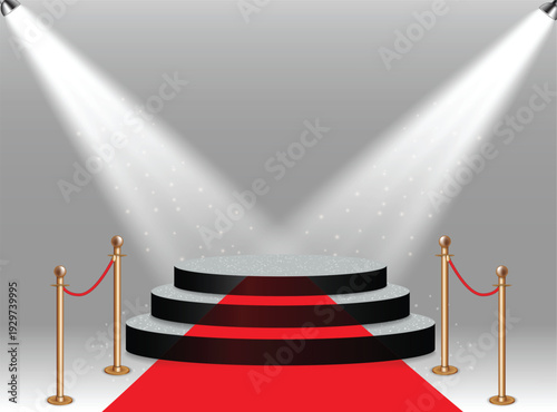 A red carpet with spotlights and velvet ropes