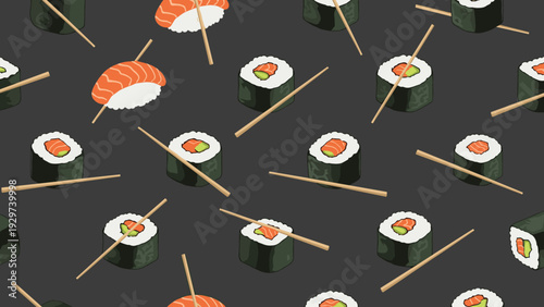 Delicious sushi seamless pattern displays various types of maki rolls and salmon nigiri paired with wooden chopsticks on a dark background.
