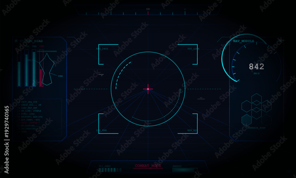 Obraz premium A futuristic head-up display interface featuring a central targeting reticle, digital gauges, and system diagnostic data in cyan and red colors on a dark blue background for a cockpit view.