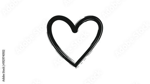 Minimalist hand drawn heart symbol is created with a rough black brush stroke on a white background expressing love and simplicity.