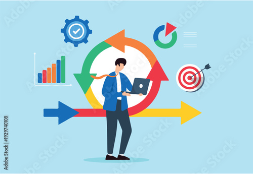 Guiding organizations through transitions, managing resistance and organizational concept vector illustration. Business analyst leading change management process