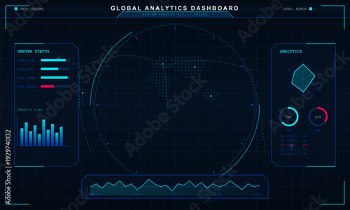 This digital interface displays a global analytics dashboard with server status indicators, traffic load graphs, and system performance metrics in a futuristic HUD style.