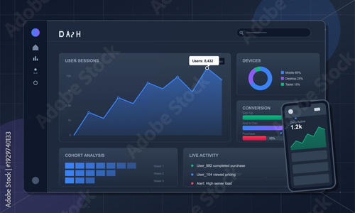 This dark-themed analytics interface features a line chart for user sessions, a donut chart for device distribution, and a live activity feed alongside a mobile phone display.