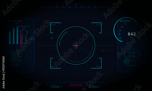 A futuristic head-up display interface featuring a central targeting reticle, digital gauges, and system diagnostic data in cyan and red colors on a dark blue background for a cockpit view.