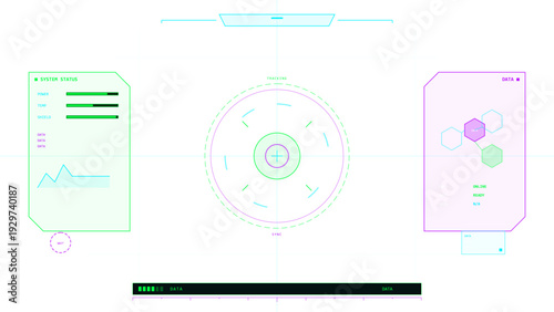 A futuristic digital interface display featuring system status bars, tracking circles, and data panels in neon green, cyan, and purple colors on a clean white background.