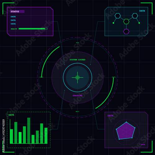 This digital user interface shows a central targeting system surrounded by various data visualizations, including bar graphs and radar charts in vibrant neon colors.