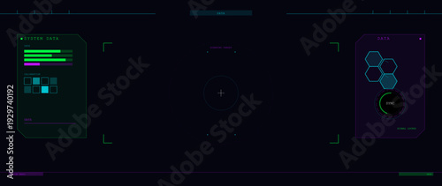 Futuristic digital head-up display interface featuring system data panels, scanning target crosshairs, and signal synchronization status on a dark background with neon accents.