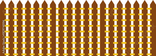A pattern of golden and brown picket fences viewed from the front, in a repetitive and symmetrical arrangement