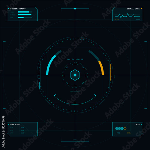 A futuristic digital heads-up display interface featuring circular gauges, system status indicators, signal data waveforms, and navigation links on a dark blue background.