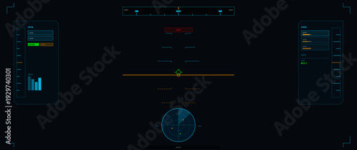 This futuristic digital head-up display interface features a central crosshair, radar, and side panels with data graphs and bars on a dark background for a sci-fi aircraft cockpit view.