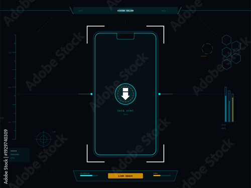 A futuristic digital interface displays a smartphone outline with a data sync icon. The dark screen includes various HUD elements like graphs and status indicators in cyan and orange.