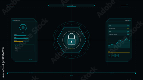 A futuristic digital head-up display interface featuring a central lock icon, status bars, data graphs, and technical readouts on a dark background for a high-tech security concept.